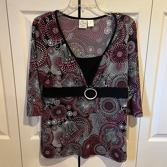 Fashion Bug Geometric Floral Print Blouse Red Pink Black Medium - Picture 1 of 6